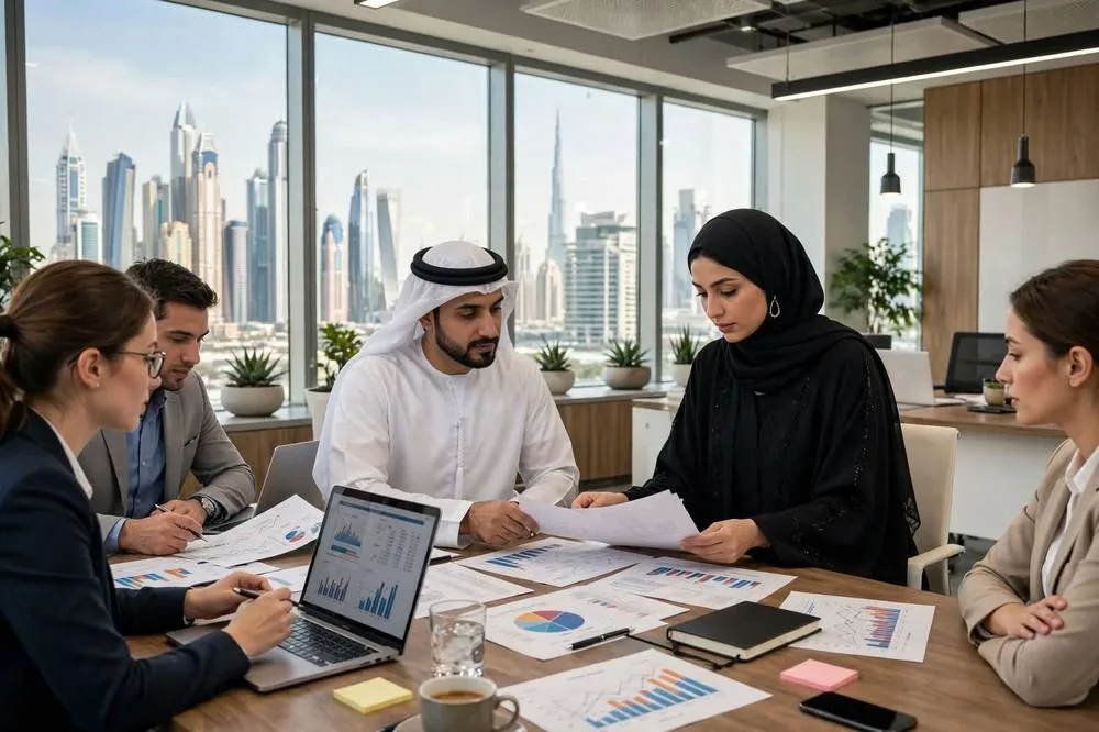 Emirati business owners reviewing financial reports with the BizNex team in Dubai