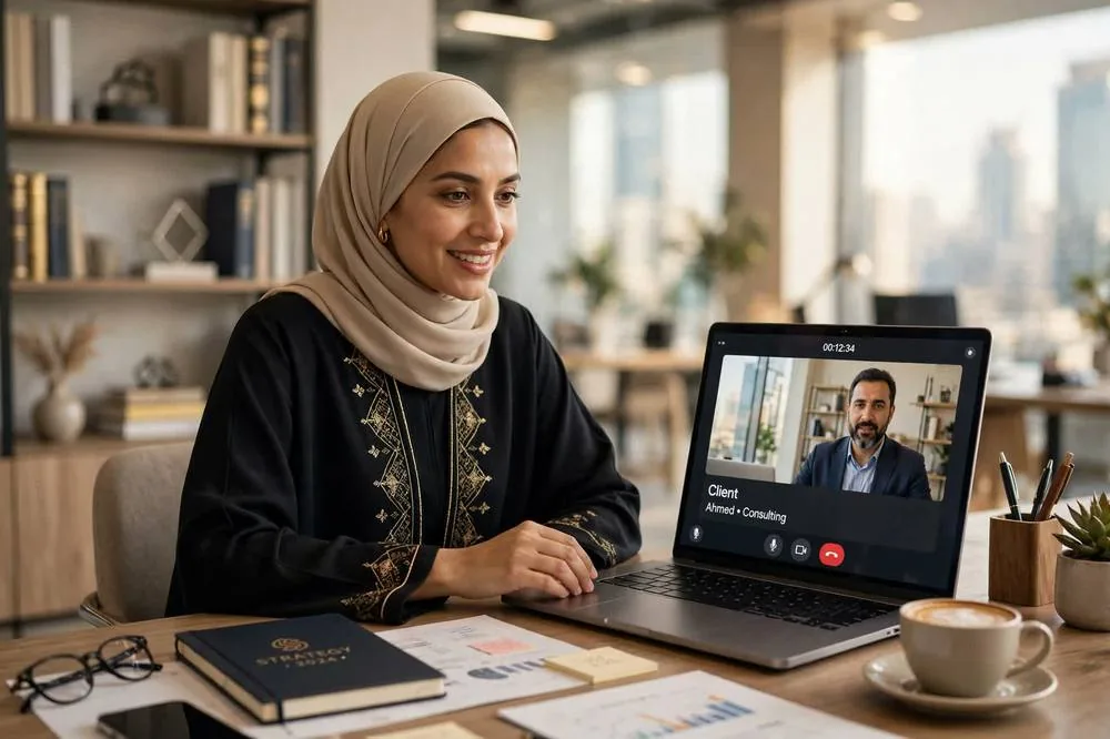 Remote finance department consultant on a video call with a UAE client